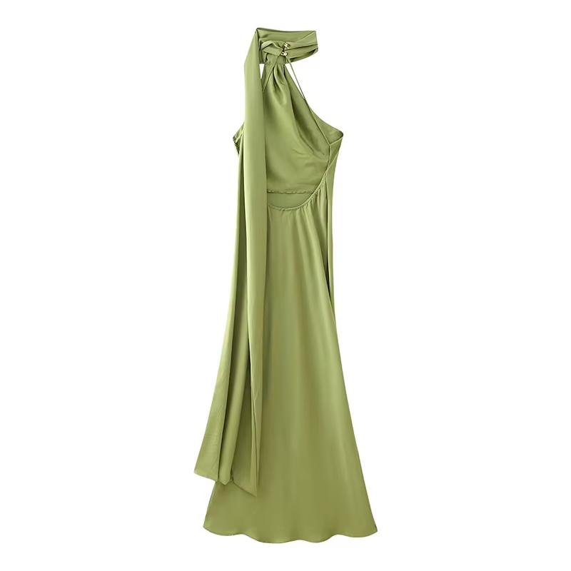 YENKYE High Street-Robe longue en satin vert pour femme, sexy, élégante, licou, femme, mode, dos nu,