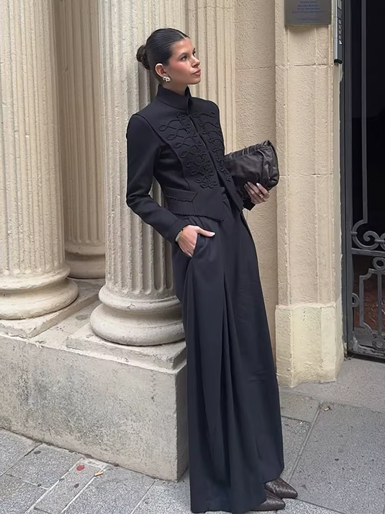 Veste Courte Napoléon Élégante pour Femme, Col Montant, Manches Longues, Coupe Slim, Manteau Noir, N