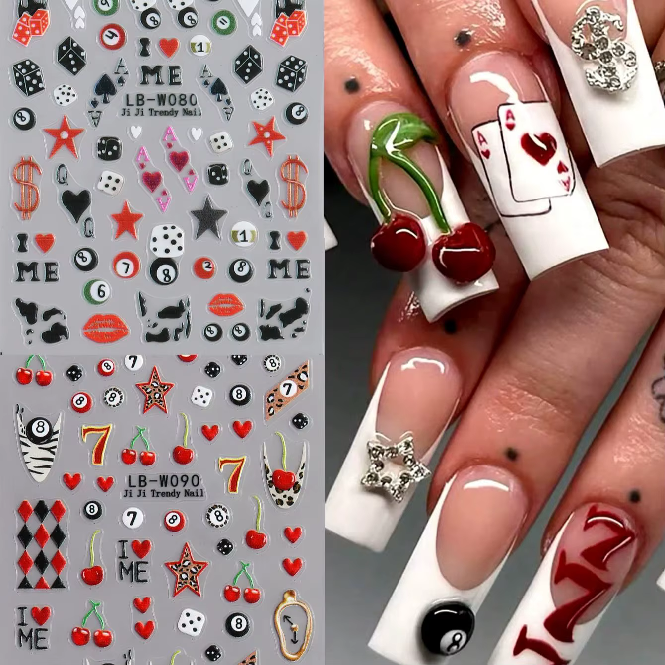 Autocollants pour ongles auto-adhésifs de billard, 8 boules et numéro 7, dés de poker brillants auto