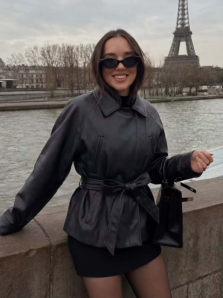 HH Spring Manteau court vintage pour femme en similicuir PU avec ceinture, à manches longues et col 