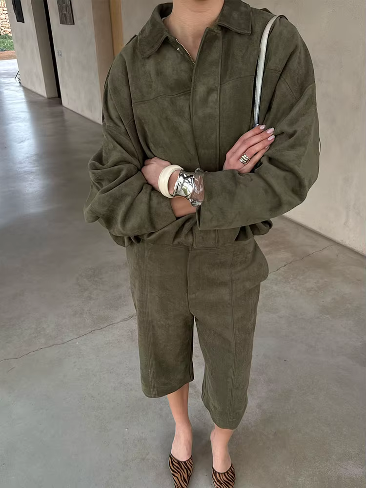HH printemps femmes daim manteau pantalon ensembles revers fermeture éclair manches longues vestes S