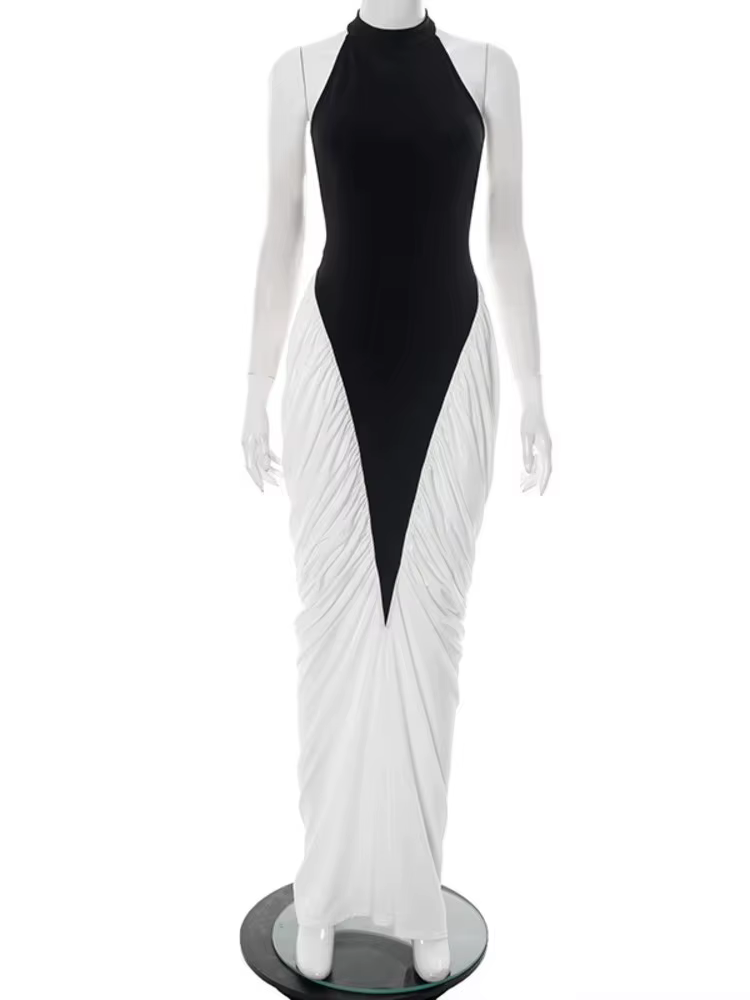 Blifanbo Patchwork sans manches fendu robe Maxi femmes mode contraste couleur licou dos nu froncé mo