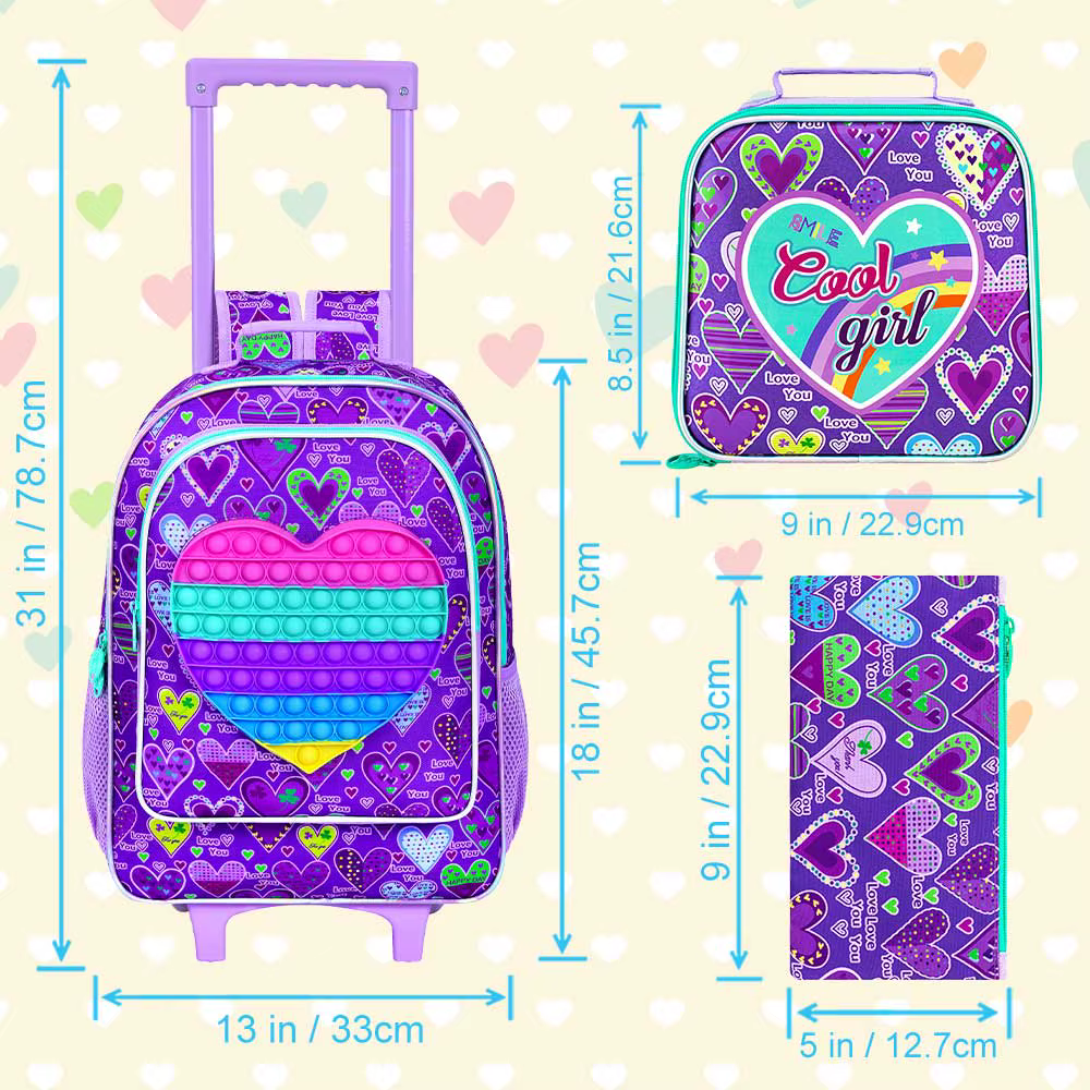 Sac à dos roulant 3 pièces pour filles, sac à livres à roulettes pour enfants, sac d'école à roulett