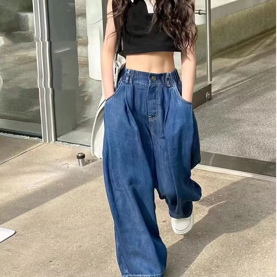 UNITIM Pantalon en jean pour filles, en coton, coupe droite, taille élastique, 2-14 ans, pantalon à 