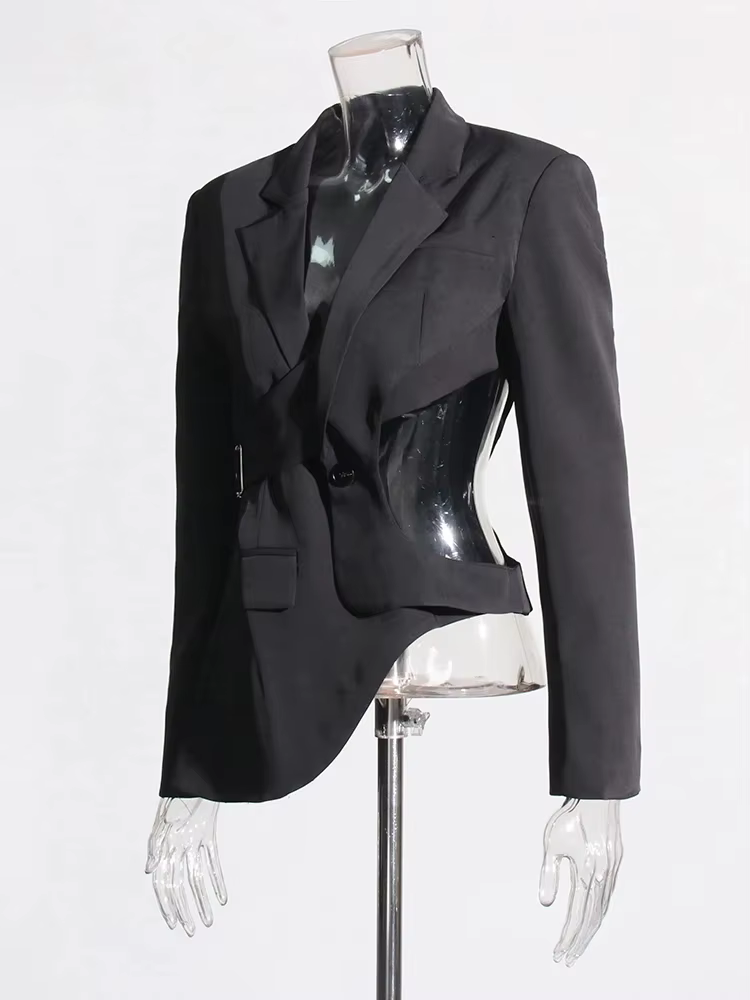 TWOTWINSTYLE solide évider dos nu minceur Blazers pour les femmes col cranté à manches longues épiss