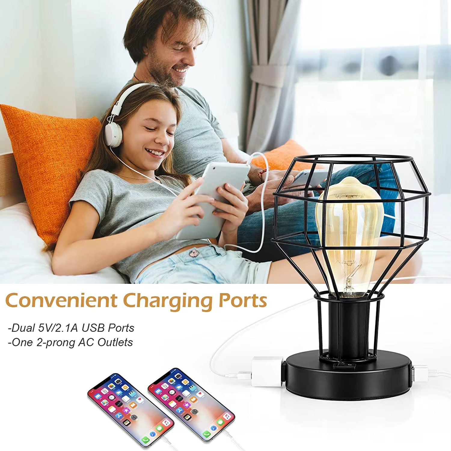 Petite lampe de table industrielle avec port de charge USB, lampe de bureau vintage avec prise pour