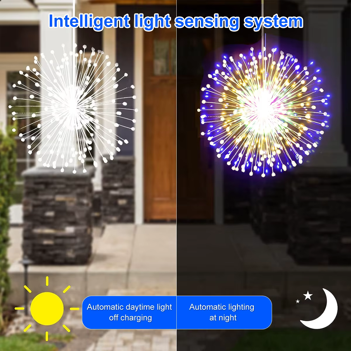 Feux d'artifice solaires d'extérieur, 90/150/200 LED, 8 Modes, guirlande lumineuse suspendue en fil 