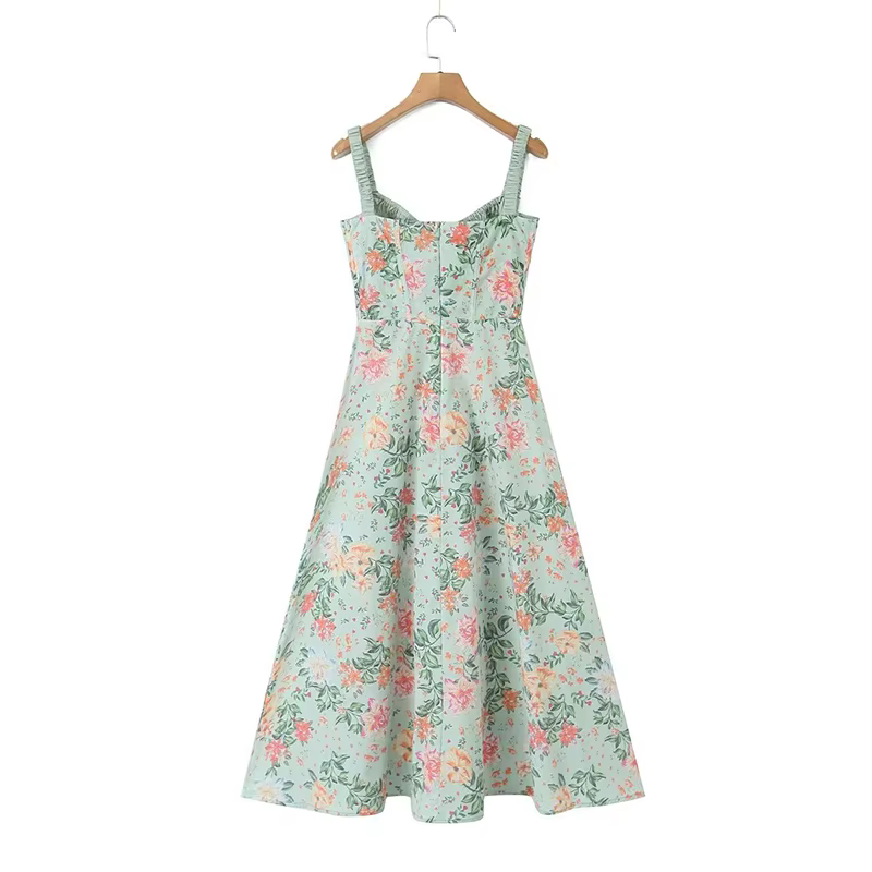 YENKYE-Robe mi-longue à imprimé floral de style français pour femmes, robe à bretelles A-ligne, fent