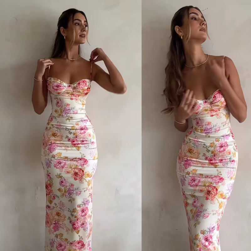 Robe à bretelles florales fendue, Slim, sans manches, Style plage, bretelles Spaghetti, vêtements po