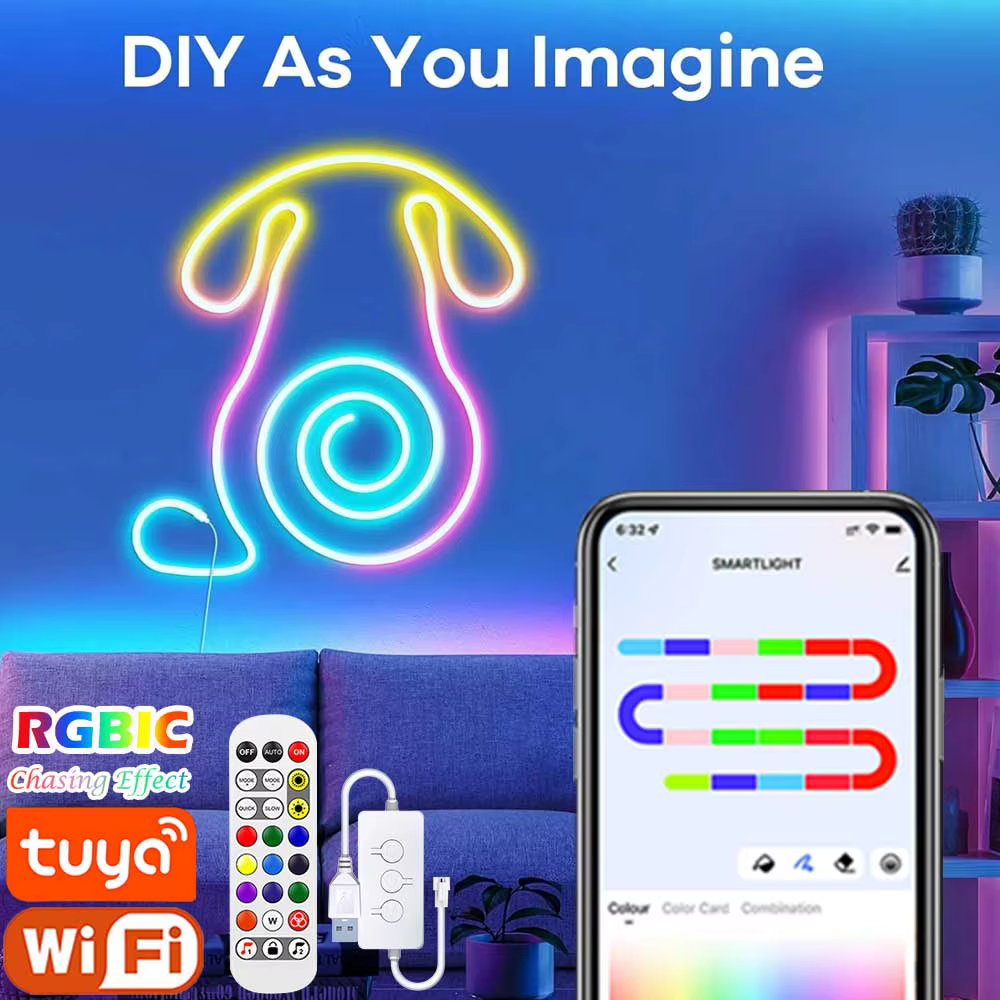 Bande lumineuse LED néon TUYA, 5V, 72 diodes/M, corde lumineuse en Silicone avec synchronisation de