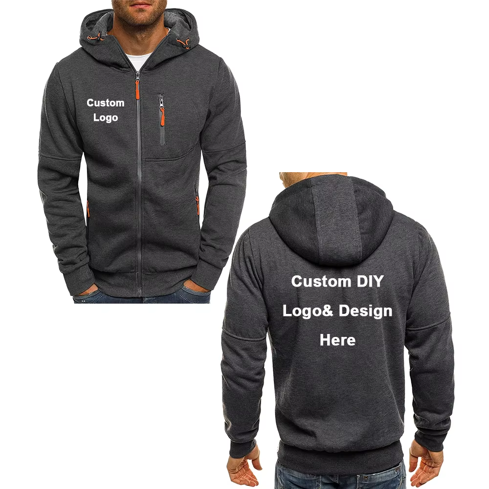 Veste à capuche avec fermeture éclair pour hommes, avec poches, texte d'image de logo personnalisé, 