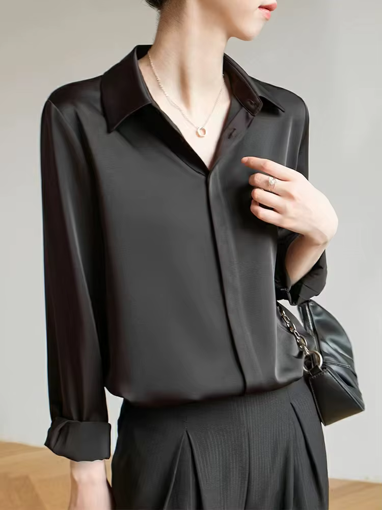 Chemisier en Satin à manches longues pour femmes, mode française, chemises de couleur unie, vêtement