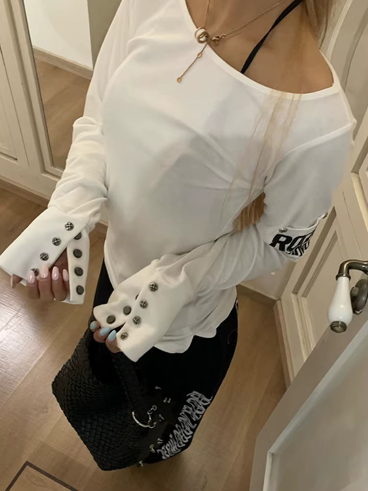 Tonngirls américain rétro imprimé T-shirt femmes à manches longues bouton graphique hauts Y2k hauts 