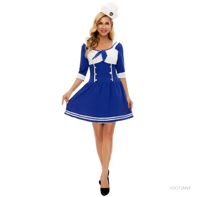 Robe de cosplay de capitaine de marine nautique bleu, robe de boîte de nuit, costume de policier, ju