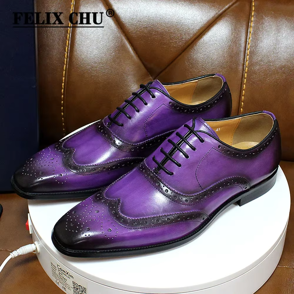 Chaussures Oxford à bout d'aile pour hommes, grandes tailles, faites à la main, en cuir de veau véri