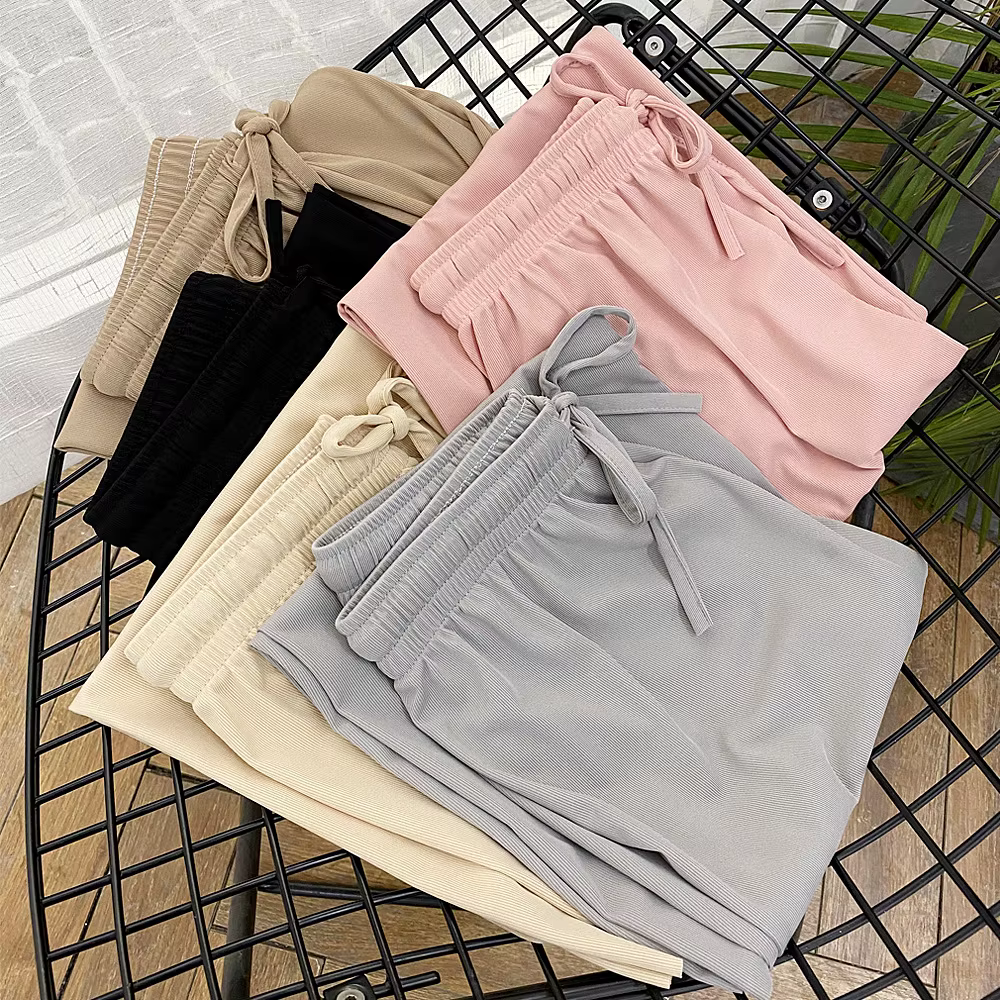 Pantalon large à longueur de rinçage pour femme, décontracté, couleur unie, taille élastique, adt Ic