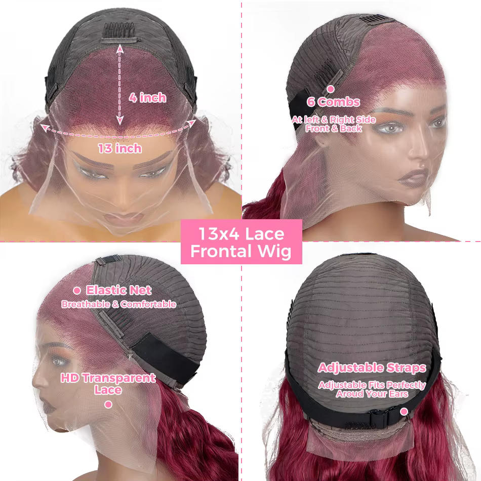 Perruque Lace Front Wig Body Wave Brésilienne Naturelle, Cheveux Humains, Rouge Bordeaux 99J, 13x4, 
