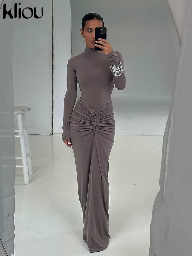 Kliou froncé femmes classique Robe Maxi automne nouveau solide à manches longues col haut moulage du