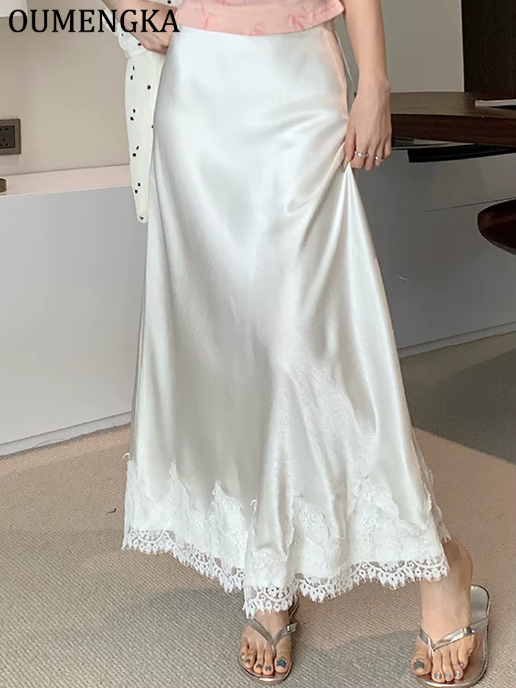 OUMENGKA été français élégant Satin sirène jupe femmes dentelle Patchwork taille élastique longue a-