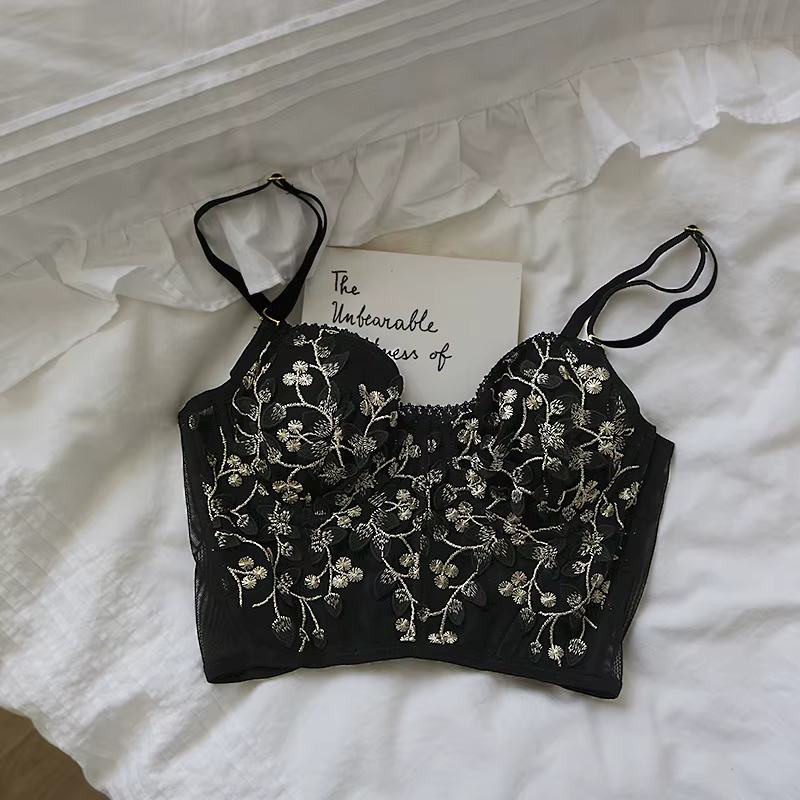 Soutien-gorge brodé en trois dimensions, Corset Sexy en dentelle d'os de poisson, boutonnage élargi 
