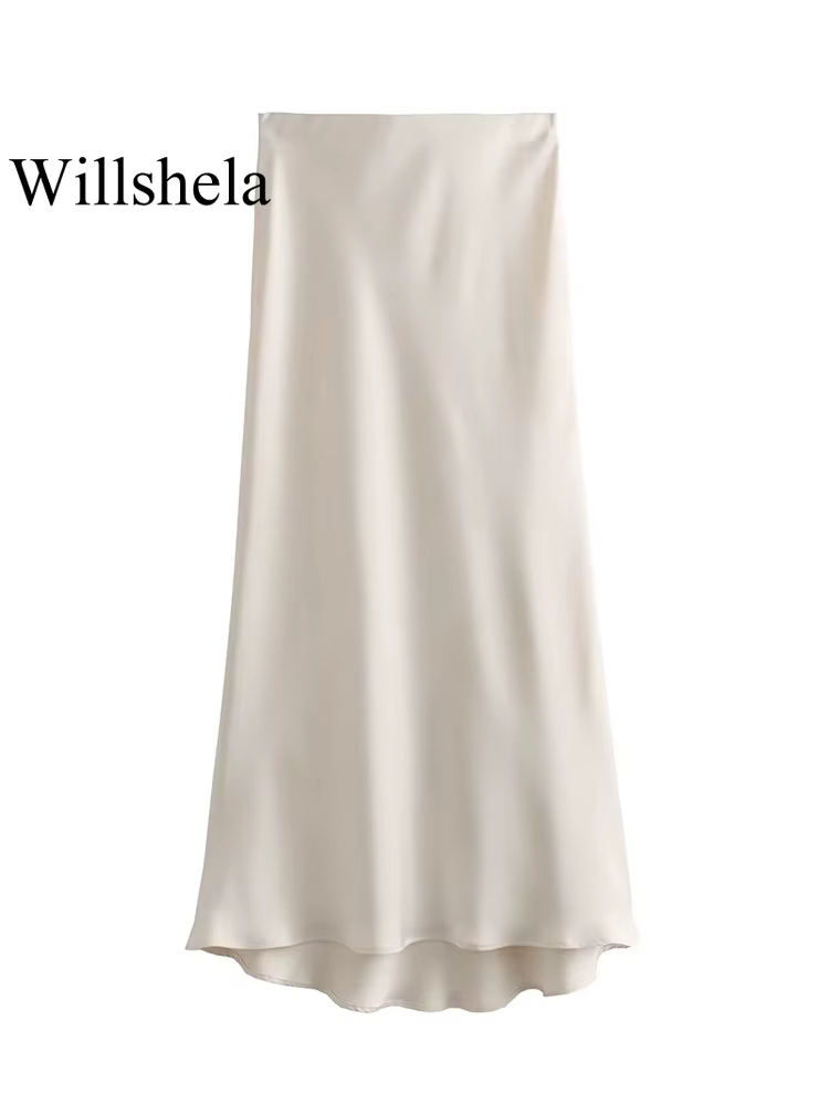 Willshela femmes mode Satin solide plissé jupe Midi Vintage taille mi élastique femme Chic dame jupe