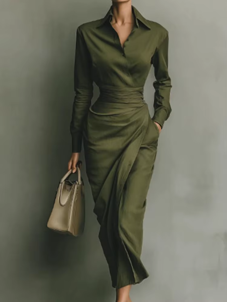 Printemps automne élégant solide col rabattu Femme robe de vacances dame mince moulante robe de soir