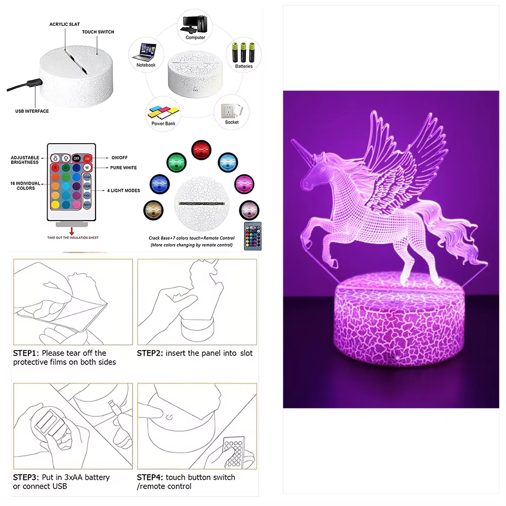 Lampe 3D licorne LED veilleuse RGB couleur changeante enfant veilleuse licornes pour filles jouets c