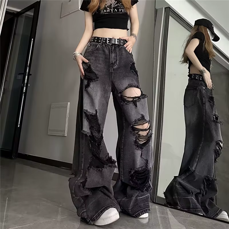 Jean déchiré noir Vintage pour femmes, pantalon à jambes larges, taille haute, droit, Baggy, Y2k