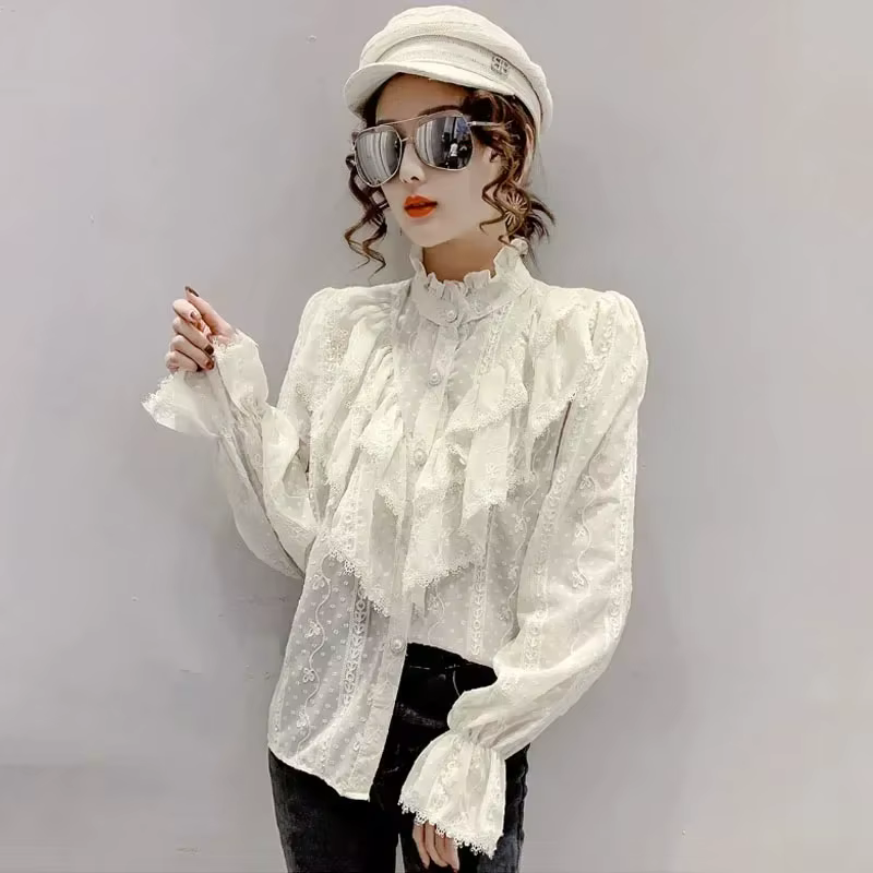 Manches longues lâche printemps mode bouton chemise blanche élégant col montant plissé hauts décontr