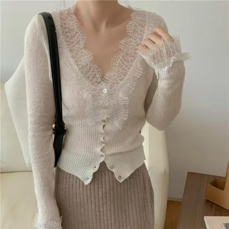 Seoulish-Cardigans Vintage en Dentelle pour Femme, Couleur Unie, Décontracté, Slim, Style Coréen, No