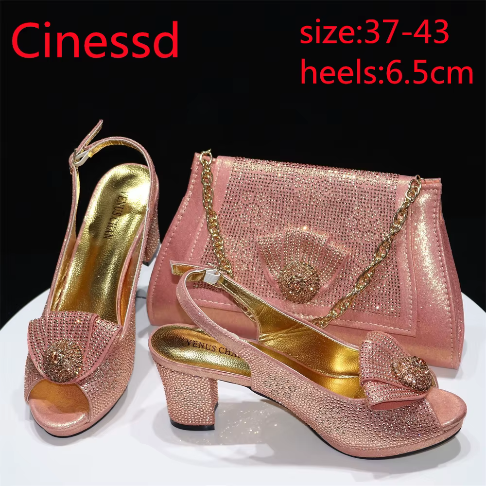 Ensemble de chaussures et de sacs nigérians pour femmes, escarpins en cristal complet, talons carrés