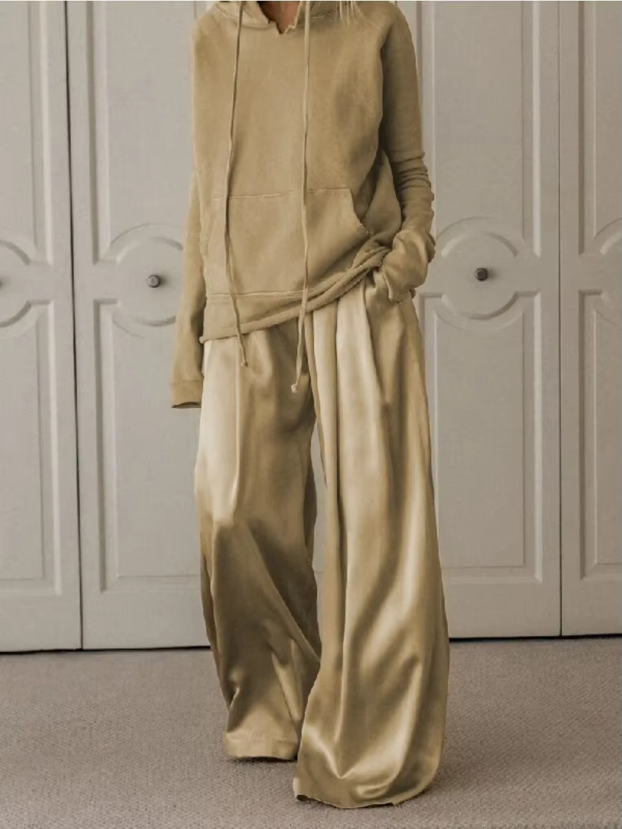 Onecozyday – pantalon taille haute à jambes larges et sweat-shirt à capuche à manches longues, coupe
