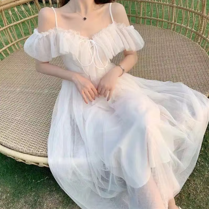 Fairycore – robe en maille pour femme, tenue blanche à lacets, poitrine basse, épaules dénudées, Sex