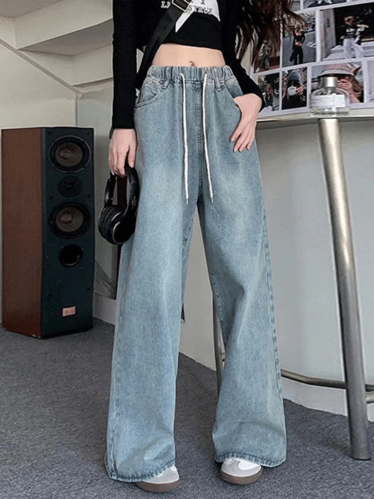 Botvotee taille haute taille large jean pour femmes ample droite bleu Long Denim pantalon femme mode