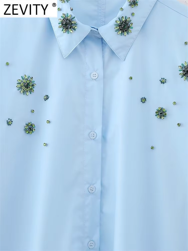 Zevity-Chemisier en Popeline à Manches sulfpour Femme, Broderie de Perles de Diamant, Chemise Décont