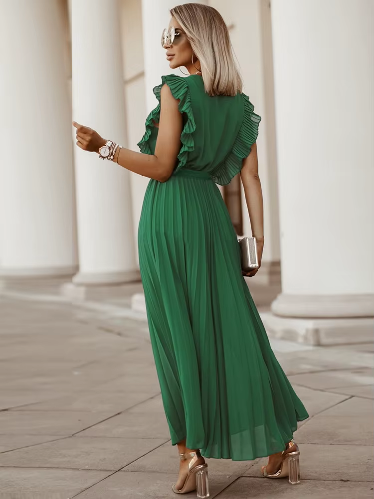 Mode élégante femmes robe sans manches col en V longue robe d'été Sexy pli robe de soirée femme en m