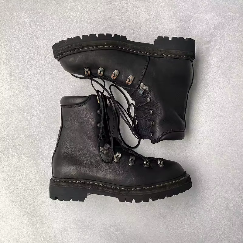 Bottes de moto en cuir véritable pour hommes, chaussures d'alpinisme à lacets en métal, bottes de ra