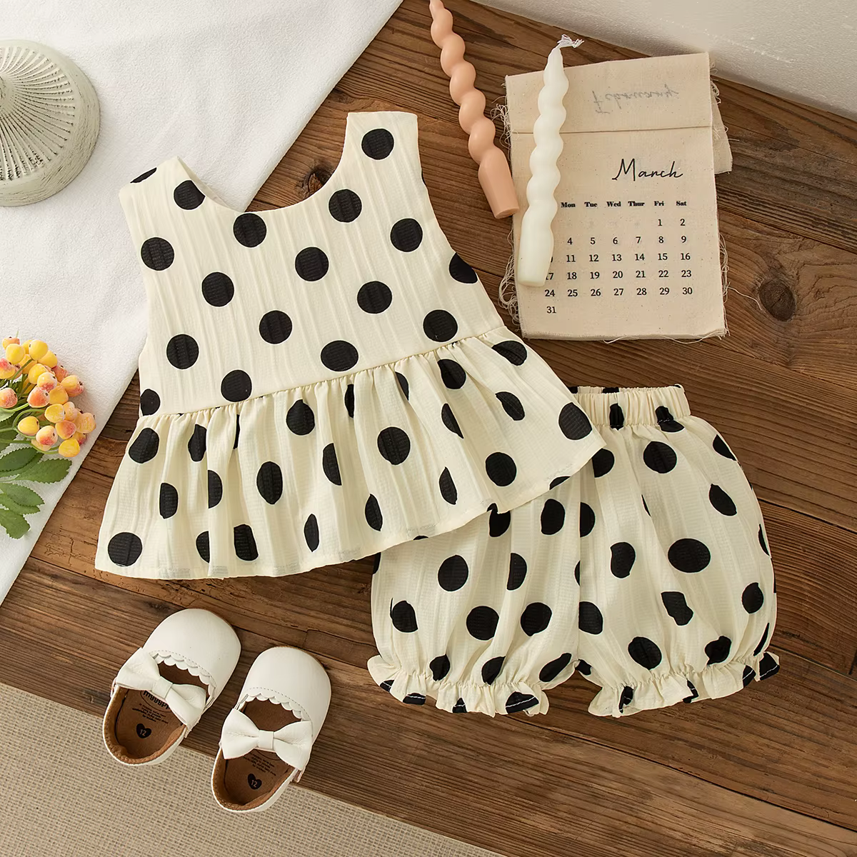 Ensemble 2 pièces pour petites filles, haut et short sans manches avec nœud à pois, Style coréen, te