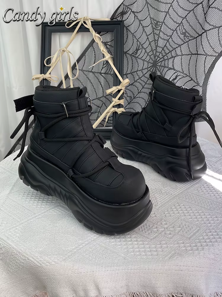 2025 Goth Dark Punk Rock Muffin femmes plate-forme chaussures noir mat cheville crochet et boucle bo