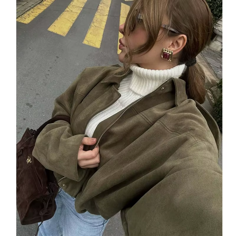 MUJER 2025 vestes bombardier en daim pour femmes vêtements d'extérieur veste surdimensionnée femme S