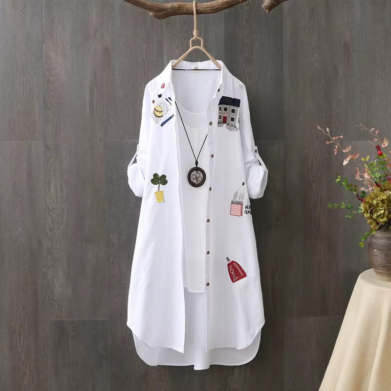 Femmes coton broderie ample longues chemises blanches 2025 printemps automne nouveau décontracté bur