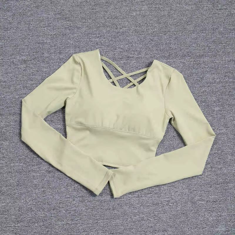 Dos creux pour femme avec soutien-gorge intégré, haut de yoga à manches longues, soutien-gorge une p