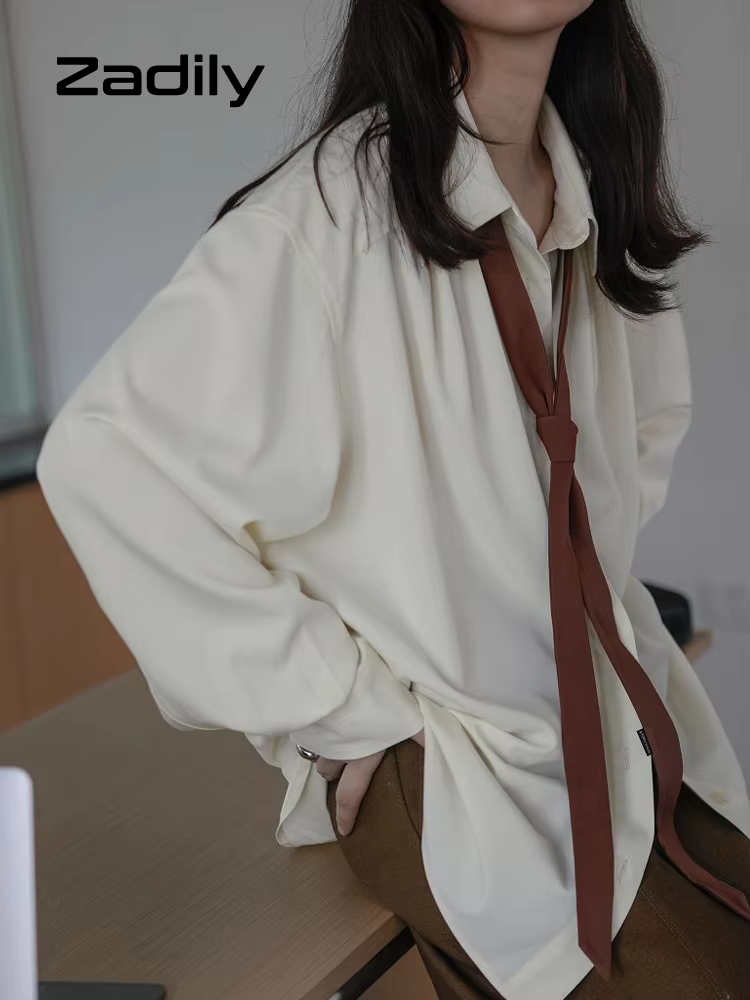 Chemisier Minimaliste Surdimensionné Style Coréen Femme Manches Longues avec Nœud Détachable Parfait