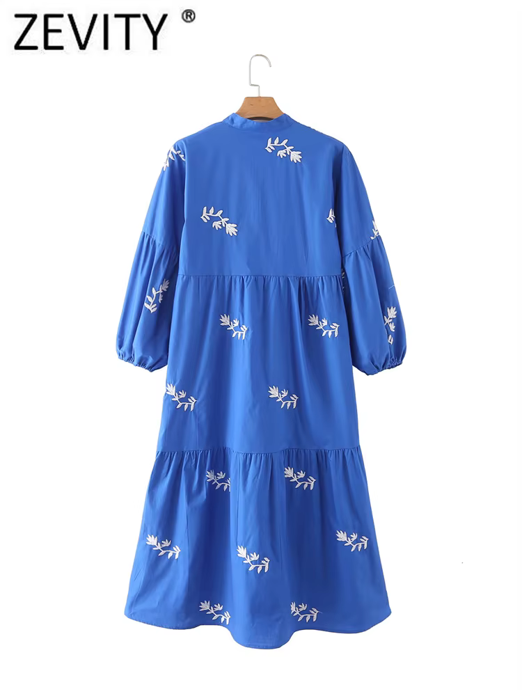 Zevity-Robe Mi-Longue Brodée Florale pour Femme, Vêtement à Plis, Décontracté, Bleu, Col Montant, Ma