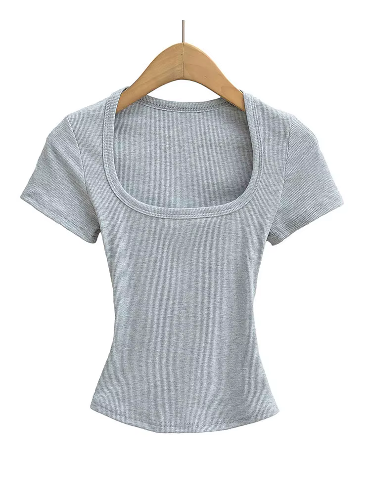 Haut court à col carré pour femmes, coupe cintrée, pull à manches courtes, très extensible, chemisie