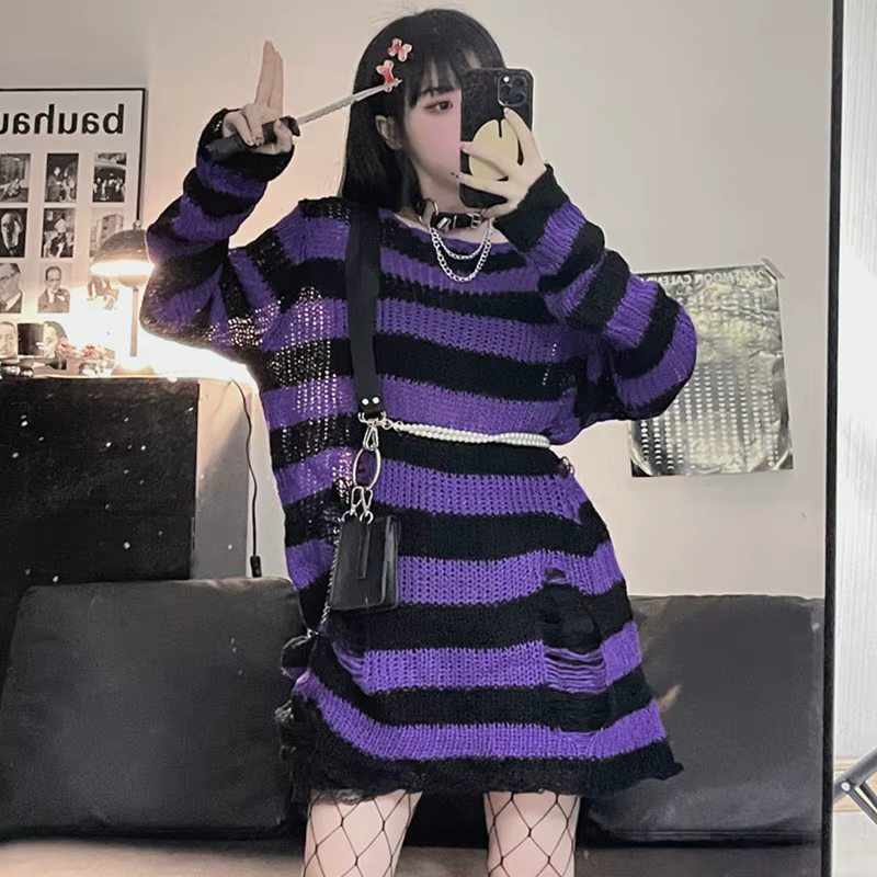 Karrram – pull Lolita gothique à rayures violettes, Style Punk, Harajuku japonais, ajouré, tricoté, 