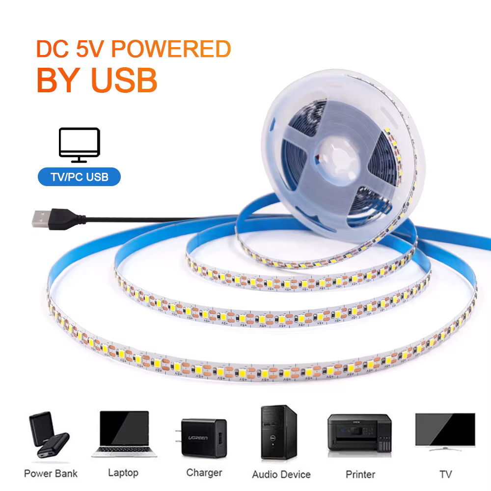 Bande lumineuse LED Flexible, 5V, 2835, 3mm, 5mm, 8mm, largeur PCB, 120 diodes/m, fil USB/2 broches,