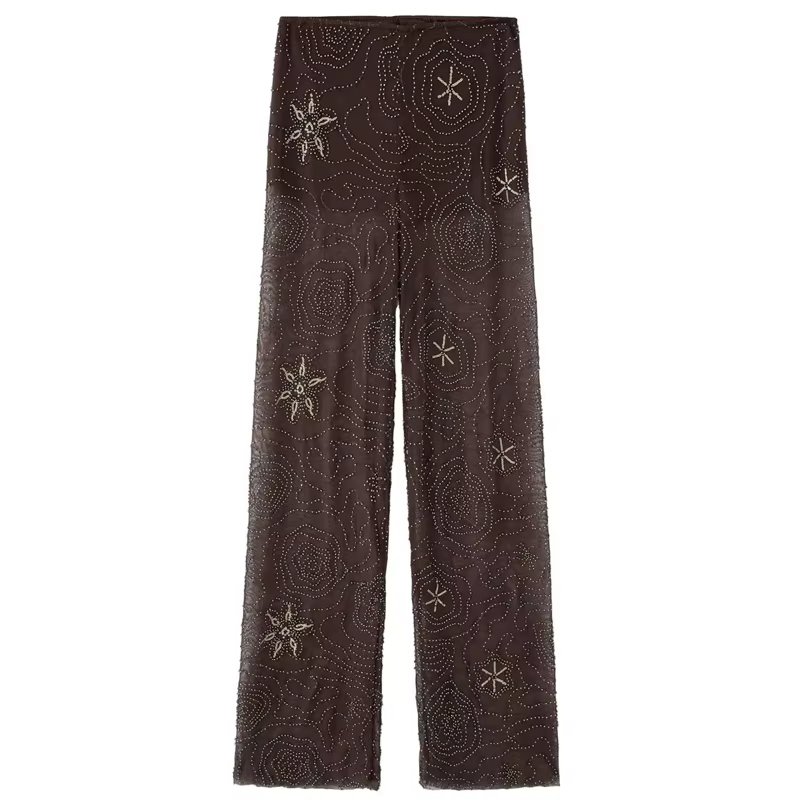 HXAO pantalons pour femmes printemps été 2025 perles marron pantalon paillettes translucides taille