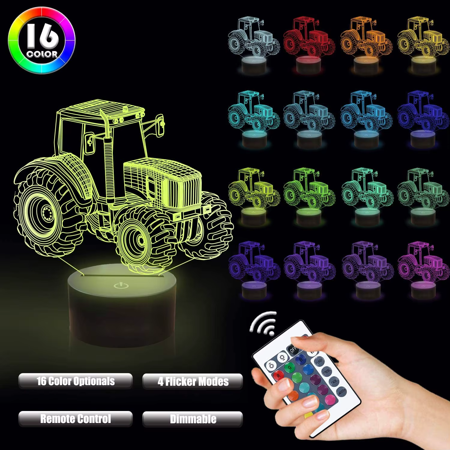 Voiture, camion, tracteur, pelle 3D veilleuse LED tactile Illusion lampe de Table bébé chambre décor