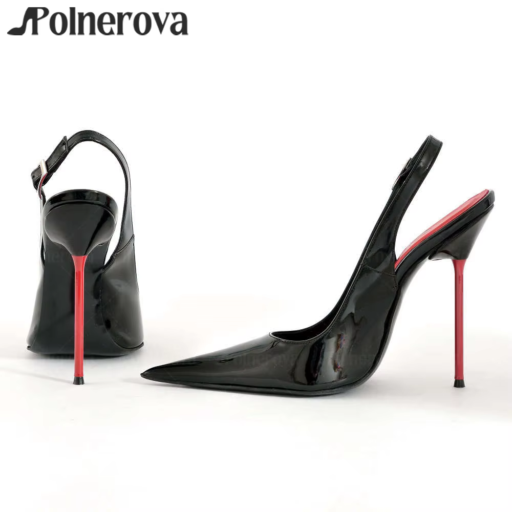 Escarpins Slingback en cuir verni noir, bout pointu, talons hauts Sexy, escarpins de Style à la mode